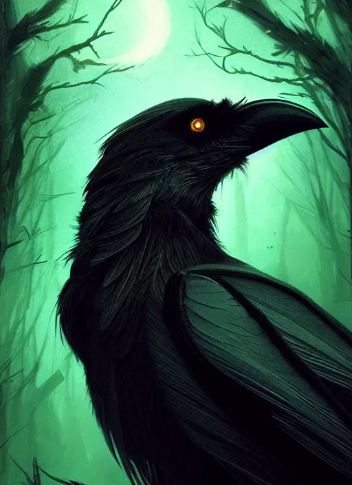 Image similar to side portrait dark crow (animal), close-up, fantasy forest landscape, moonshine, fantasy magic, nice black feather, proud, green dark light night, intricate, elegant, sharp focus, illustration, highly detailed, digital painting, concept art, matte, art by WLOP and Artgerm and Greg Rutkowski and Eddie Mendoza, masterpiece