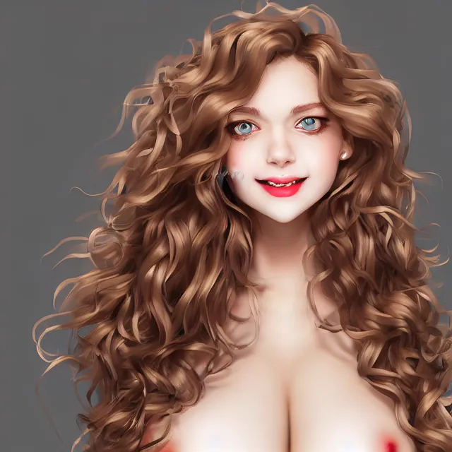 Prompt: professional digital art of a white incredibly !!!!attractive!!!! smiling woman with light brown curly hair blue eyes, front view, facing camera, standing in tight red buxom dress, very attractive, beautiful face, impressive, smiling, Canon 40mm view, HD, 4k, well composed, best on artstation, cgsociety, epic, stunning, gorgeous, intricate detail, wow, masterpiece by Gil Elvgren and Artgrem and Dorian Cleavanger