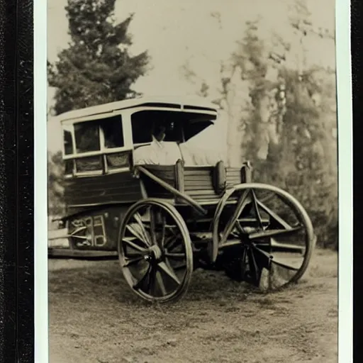 Image similar to polaroid photo of the first ever car produced with people sitting inside of it wearing 1800s clothing.