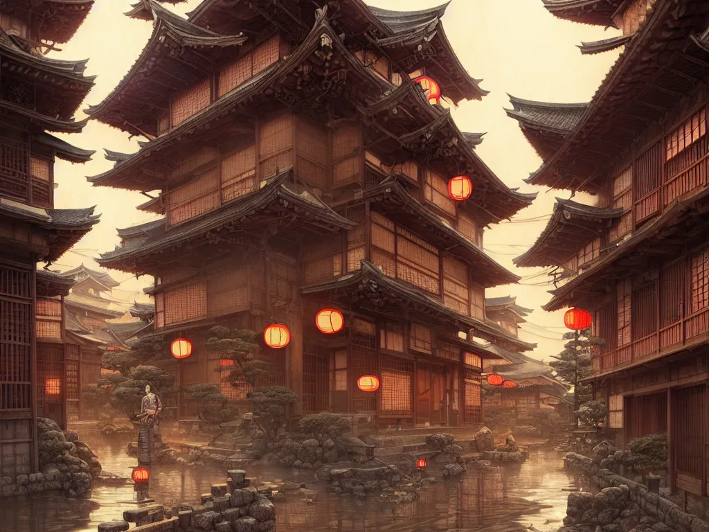 Image similar to old japanese town, d & d digital painting, intricate details, ultra realistic, beautiful, volumetric lighting, warm colors advance, cell shading, by james jean, greg rutkowski, gerald brom, wlop