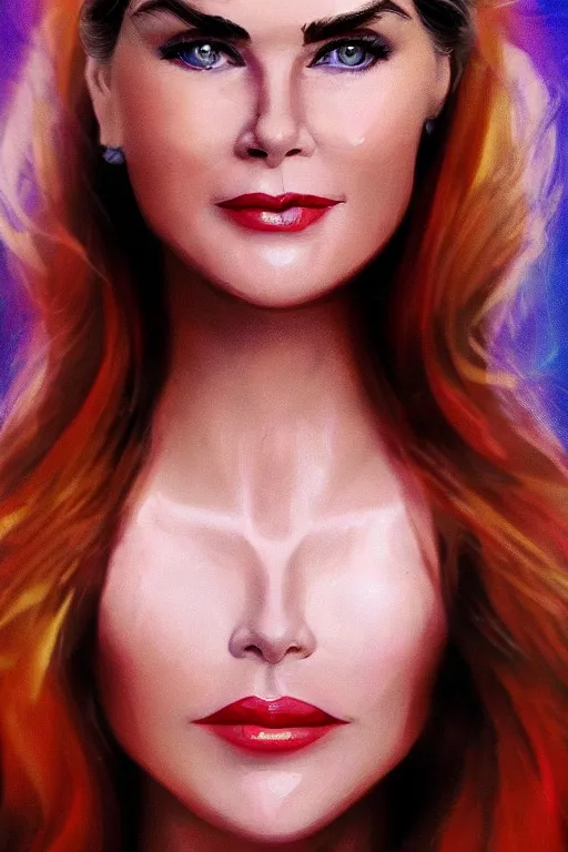 Image similar to mix of beautiful young maria shriver, mariel hemmingway, brooke shields, nicole kidman and elle macpherson as a boa constrictor, thin lips, hair tied up in a pony tail, dark blonde hair, colorful, artstation, cgsociety