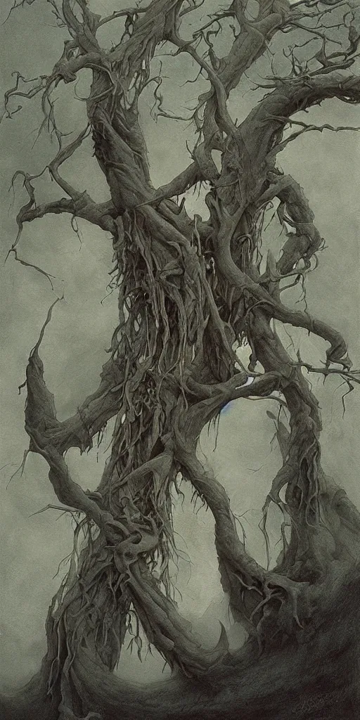 Image similar to artwork by john howe of a grim catalpa