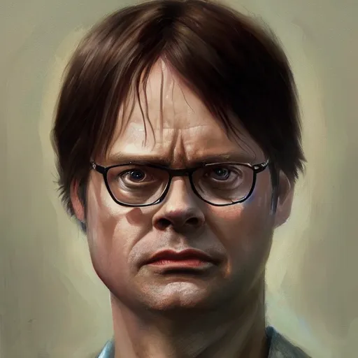 Image similar to hyper realistic, portrait of dwight schrute painted by greg rutkowski, wlop, loish,