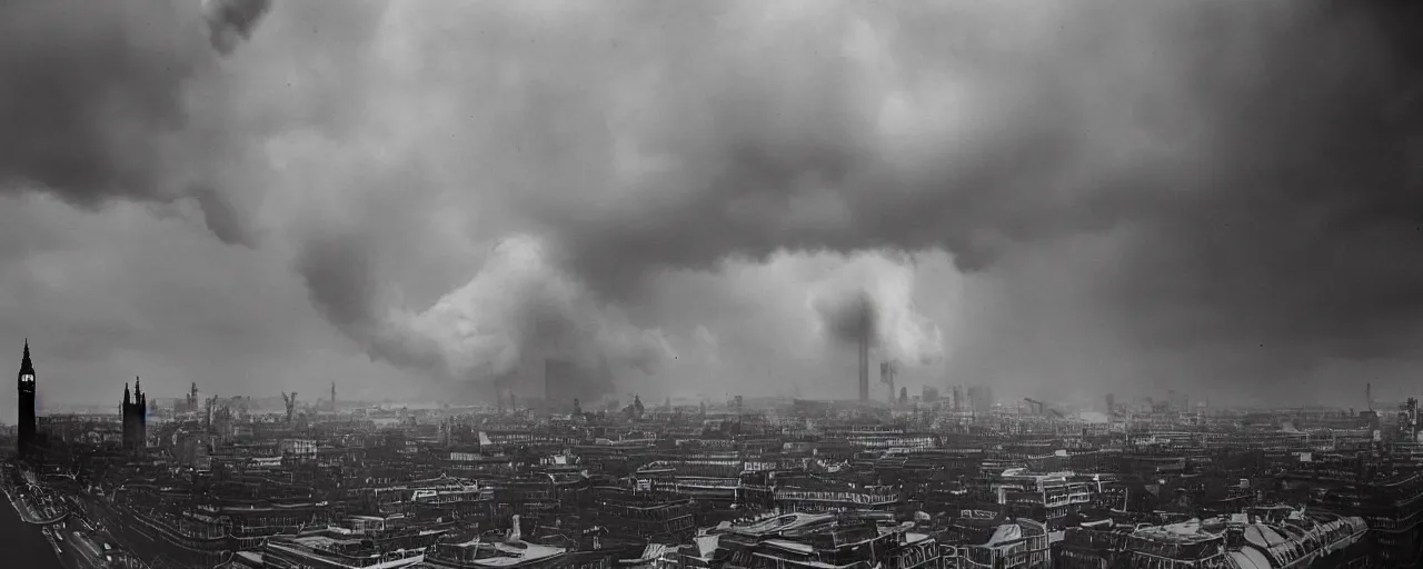 Image similar to a landscape of central london after a nuclear strike, collapsed london eye, big ben, groups of human figures, fog, atmosphere, brooding clouds, mushroom cloud, gas