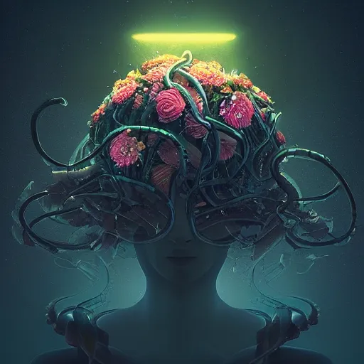 Prompt: beautiful dark landscape, medusa head with glowing eyes, beautiful flowers growing in the style of beeple and Mike Winkelmann, intricate, epic lighting, cinimatic composition, hyperrealistic, 8k resolution,