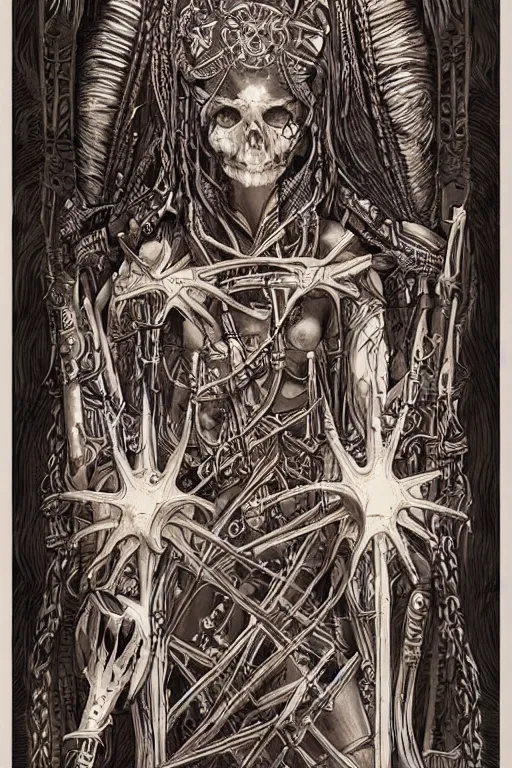 Prompt: Full tarot card, occult, tribal, symbolism, bones, highly detailed, trending on artstation, CGSociety