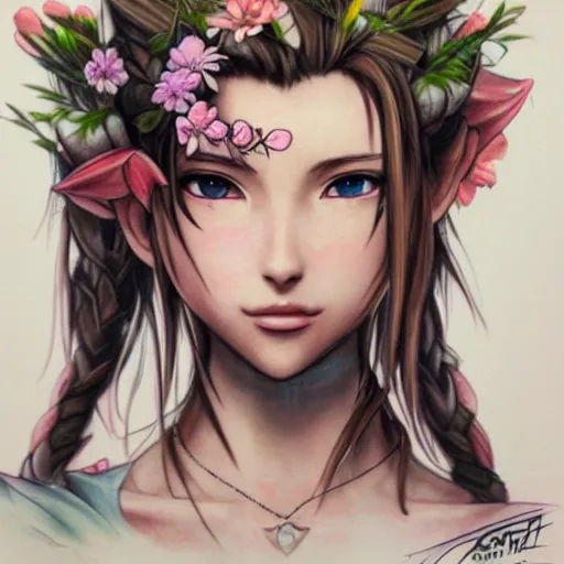 Image similar to concept art of aerith gainsborough with tattoos, amongst flowers, high quality, detailed, trending on artstartion