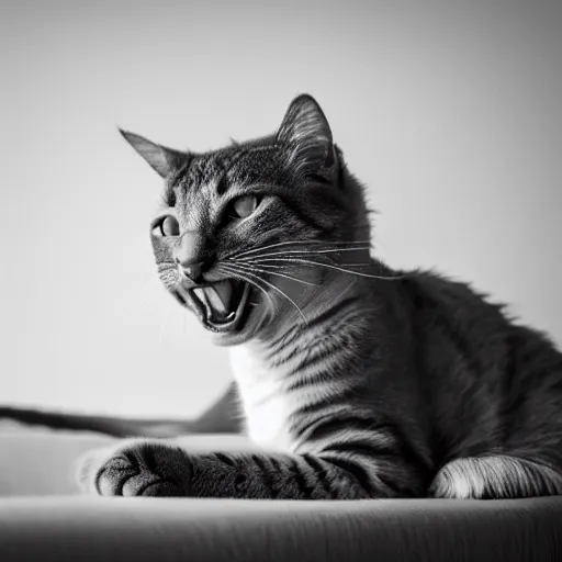 Prompt: Cat laughing hard at a joke, trending on fiverr, 40nm lens, shallow depth of field,