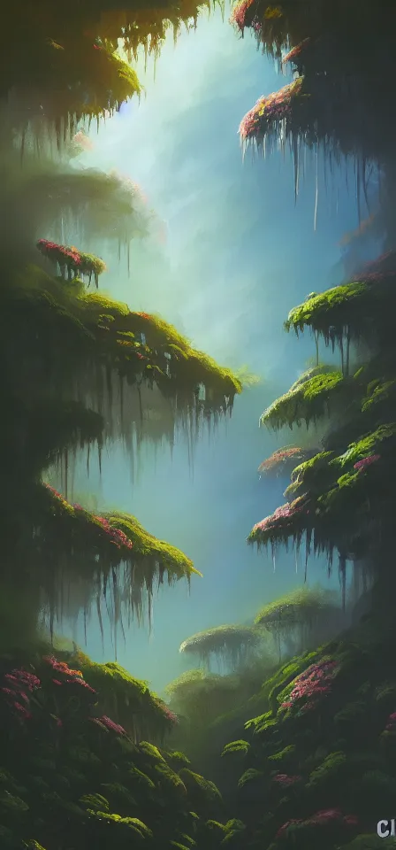 Prompt: smooth stylized flowering cloud forest. gouache painting by the award - winning concept artist, bloom, chiaroscuro, backlighting, depth of field.