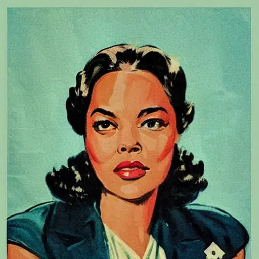 Image similar to “Tessa Thompson portrait, color vintage magazine illustration 1950”