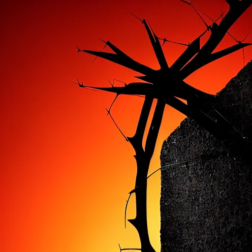 Image similar to photograph of a crown of thorns, dramatic lighting, red hues, silhouette of a cross, award winning photography, DSLR, wallpaper