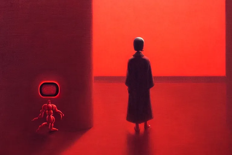 Image similar to only with red, a red samurai humanoid, tokio futuristic in background, yokai, in the style of beksinski, parts by edward hopper, parts by rodcenko, parts by yue minjun, intricate and epic composition, red by caravaggio, insanely quality, highly detailed, masterpiece, red light, artstation, 4 k