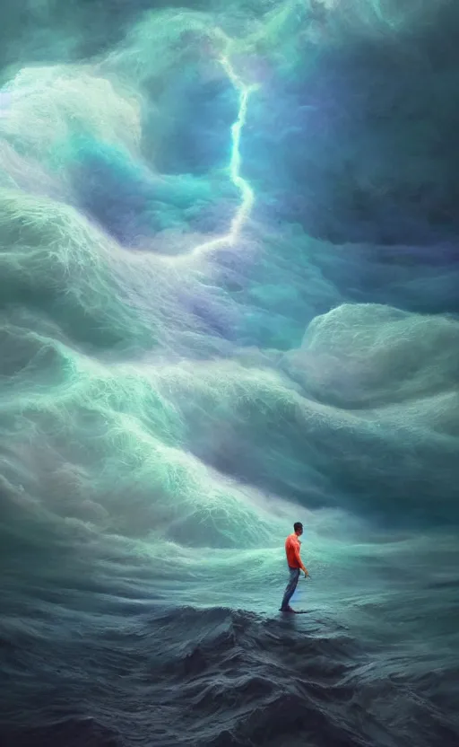 Image similar to a dream oil painting hyperrealism of a beautiful man in a sea maelstrom, 8 k resolution, octane render, trending on artstation, by gediminas pranckevicius, volumetric light 2 blue fractal thunder glow by dan mumford, anaglyph effect, laurie lipton