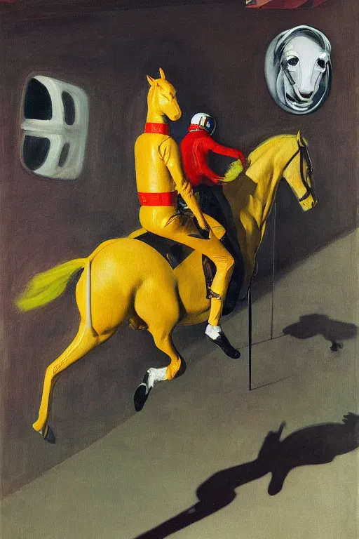 Prompt: man in horse costume, horse in costume astronaut, racing on astronauts, hauntingly surreal, highly detailed painting by francis bacon, edward hopper, adrian ghenie, gerhard richter, and james jean soft light 4 k,