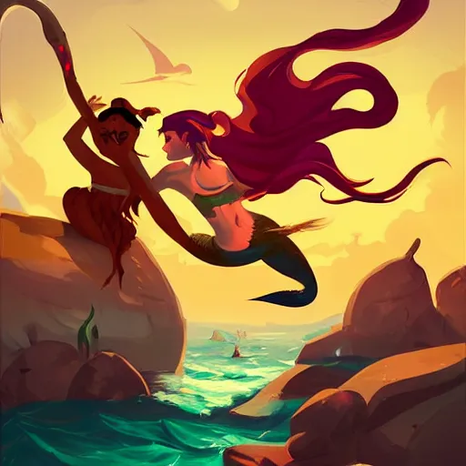 Image similar to painting mermaid treasure on sea of thieves game avatar hero smooth face median photoshop filter cutout vector, behance hd by jesper ejsing, by rhads, makoto shinkai and lois van baarle, ilya kuvshinov, rossdraws global illumination