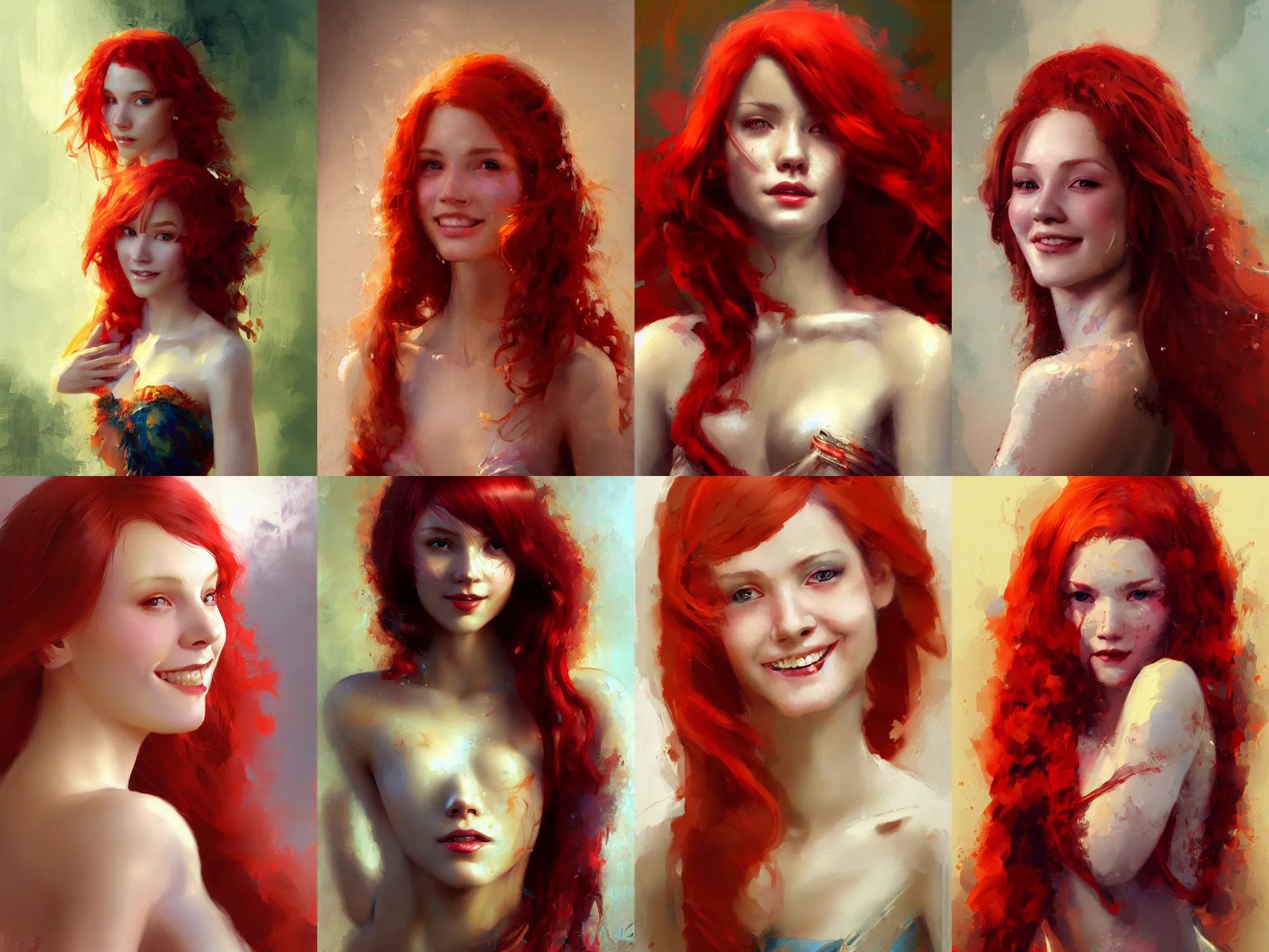 Prompt: Highly detailed painting of a beautiful young woman with long red hair by Craig Mullins and Ross Tran, subtle smile, wearing a fancy dress