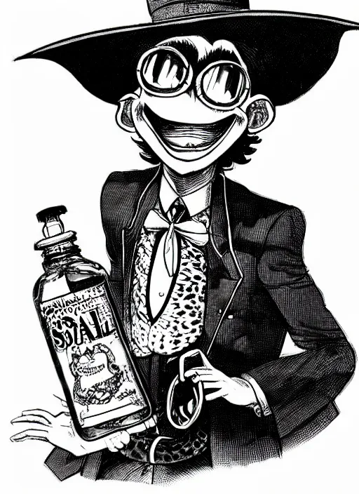 Image similar to portrait of a snake oil salesman wearing a snake suit and wide brimmed hat offering you a bottle of serum formula, art by Kentaro Miura