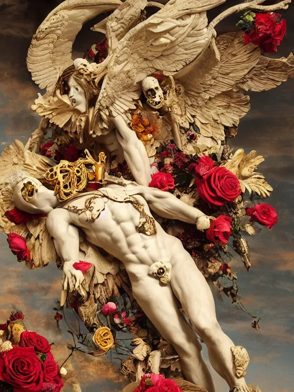 Prompt: a falling icarus with red wings in the form of a Greek sculpture with a mask in the form of golden bird skull and wreath of flowers, roses in hands, dressed in a flower dress, lie on a golden stone, silk, fabric, birds, flowers. baroque elements, human skull. full-length view. baroque element. intricate artwork by caravaggio. many many birds birds on background. Trending on artstation. halo. octane render, cinematic, hyper realism, octane render, 8k, depth of field, bokeh. iridescent accents. vibrant. teal and gold and red colour scheme