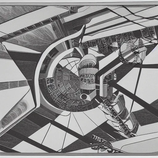 Prompt: MC Escher print of space station