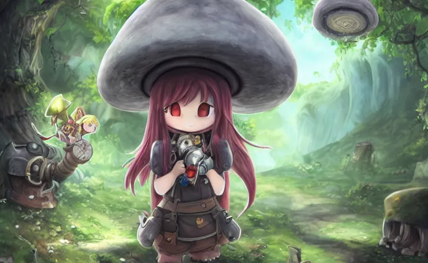 Image similar to cute little girl with an long hair wearing an mushroom hat and holding an cute cannon in the dark forest next to a sinister monster, cute artwork, clean detailed art, inspired made in abyss, detailed background, fantastic world, spectacular quality, trending on pixiv