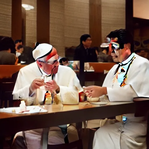 Image similar to the pope eating mc donalds with prime minister shinzo abe, photo by slim aarons, award winning