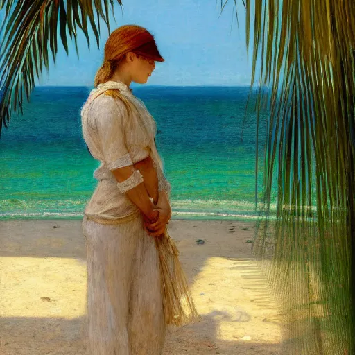 Image similar to a ultradetailed beautiful painting of a girl in the amazonas palace designed by jules bastien - lepage, hans belmer, frank weston and gustave baumann, beach, trending on artstation, mediterranean, palm trees, refracted color sparkles, sharp focus, soft light, 8 k 4 k