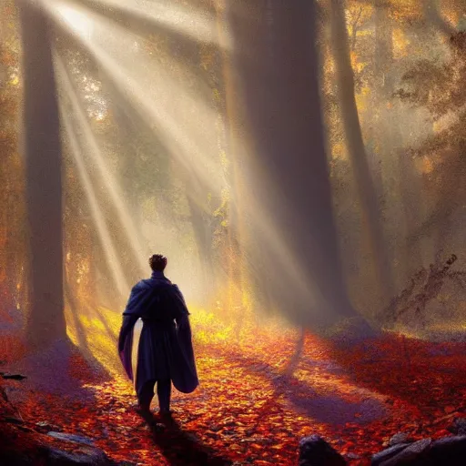 Prompt: cinematic fantasy portrait painting of mighty wizard holding in hand a huge clear glass fresnel ball in the sunshine autumn forest, falling autumn leaves are reflected in the ball, foggy bottom, god rays, ultrasharp, art by john berkley, greg rutkowski, octane render, artstation, epic composition, detailed, cinematic