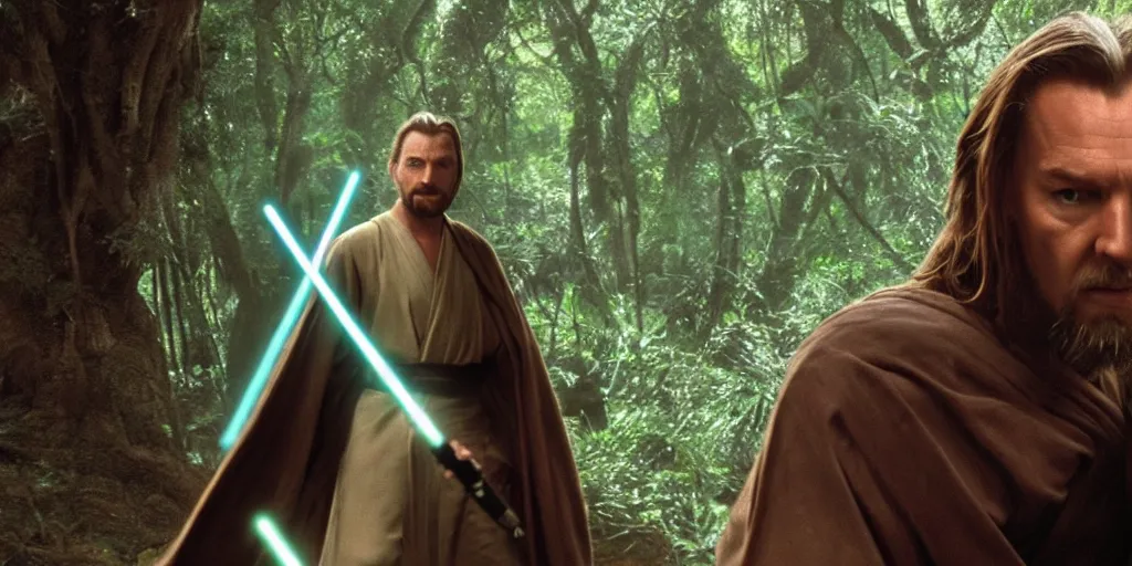 Image similar to liam leeson qui - gon jinn lightsaber phantom menace jungle scene, hyper realistic face 4 k, movie still, uhd, sharp, detailed, cinematic, render, modern