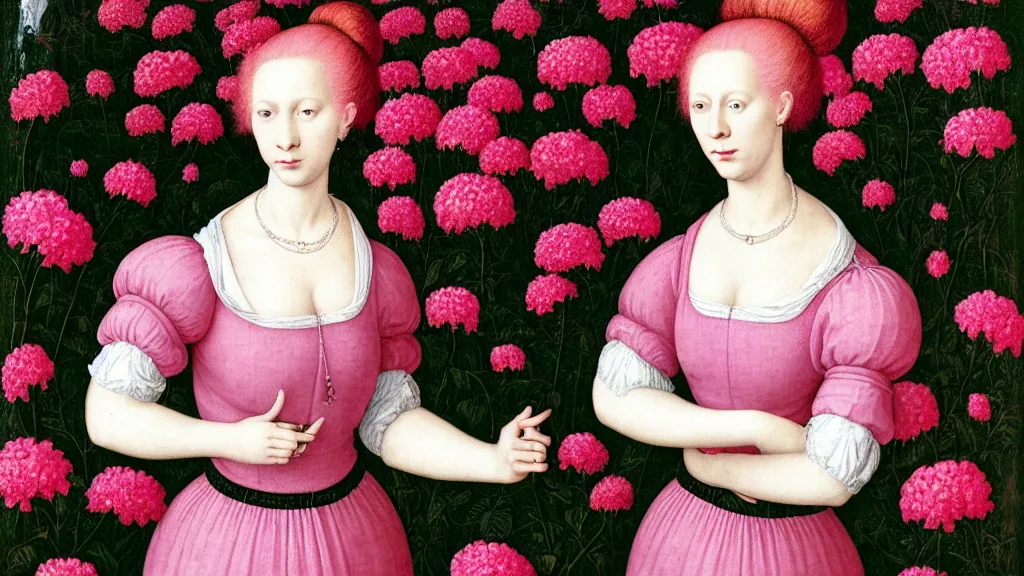 Prompt: portrait of a young pale woman with pink hair buns, wearing a red t-shirt, standing in a garden full of black flowers, intricate details, high detail, in a renaissance style, super-flat, punk