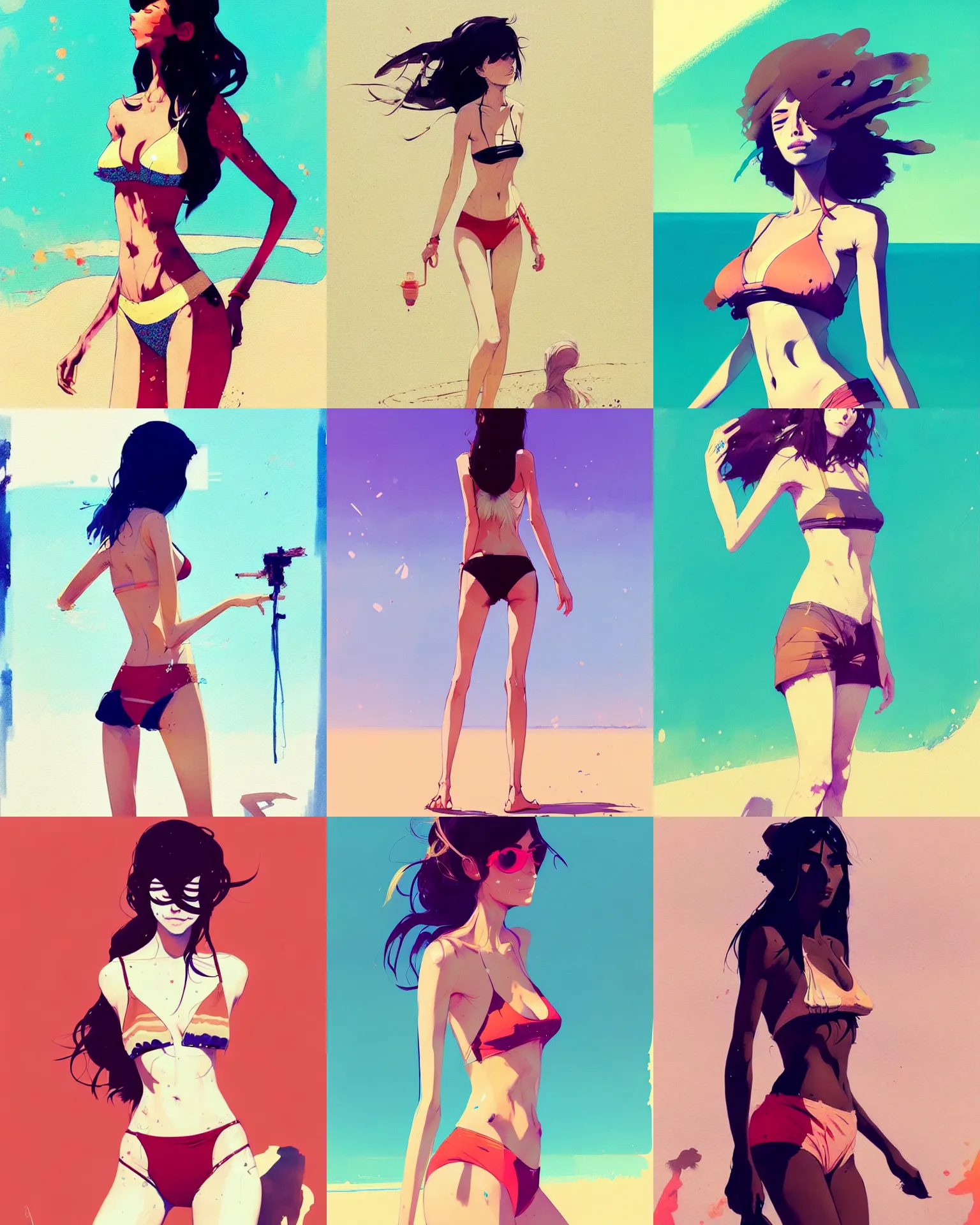 Prompt: a ultradetailed beautiful painting of a stylish woman wearing a bikini top and shorts shorts standing in sand, by conrad roset, greg rutkowski and makoto shinkai trending on artstation