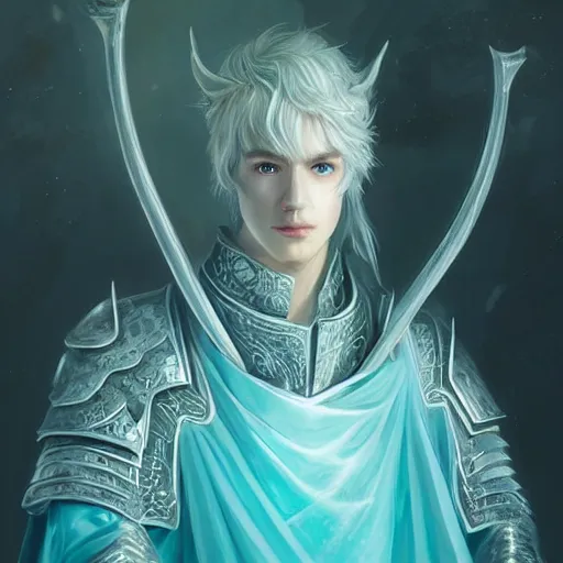 Image similar to half length portrait of a handsome male snow elf in a turquoise cape and silver ornate armour as an archer, albino skin, pale pointed ears, winter vibes, perfect face, elegant, very coherent symmetrical artwork, atmospheric lighting, rule of thirds, by wenjun lin, krenz cushart, charlie bowater, trending on artstation