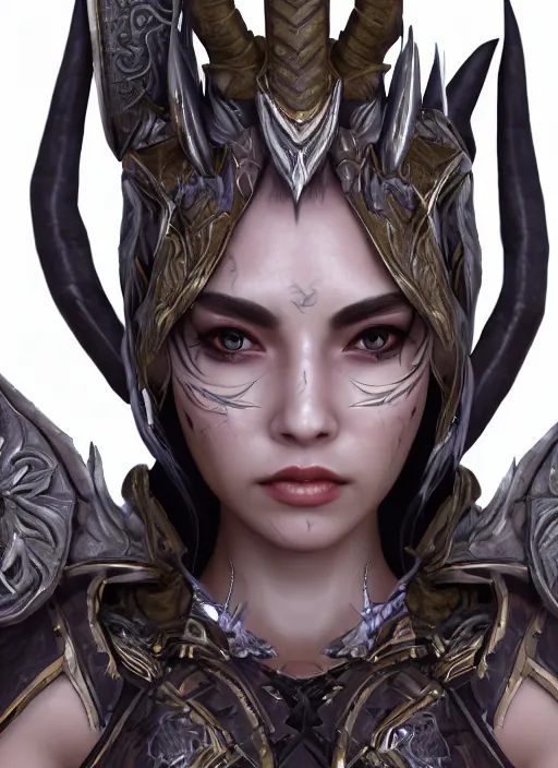 Prompt: A close up portrait of a beautiful woman demon priestess wearing finely detailed armor forged by the ancient gods unreal engine trending on artstation