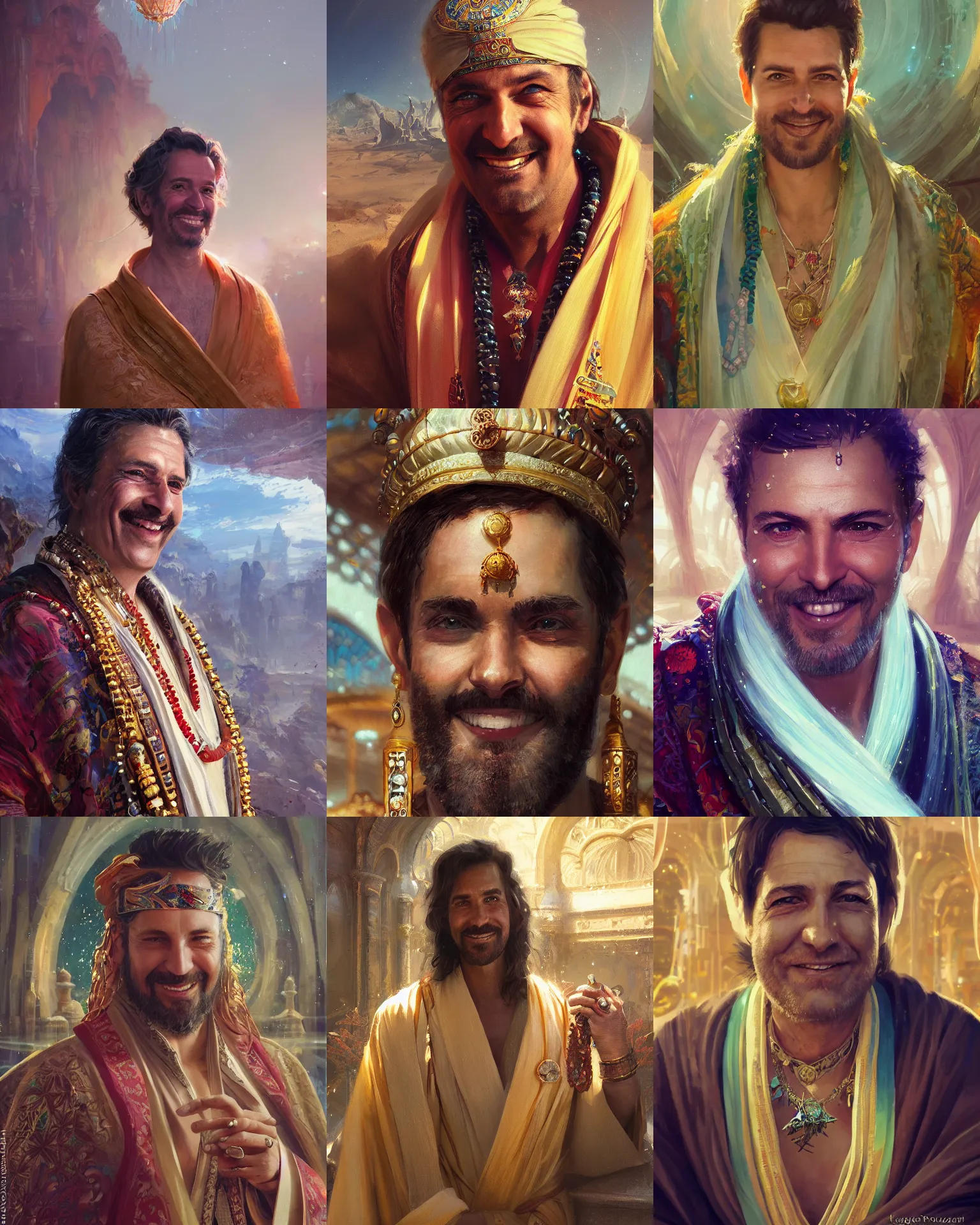 Prompt: closeup portrait of a happy man with exotic jewellery, wearing flowing robes, in a futuristic desert palace, bokeh, painting by greg rutkowski and krenz cushart