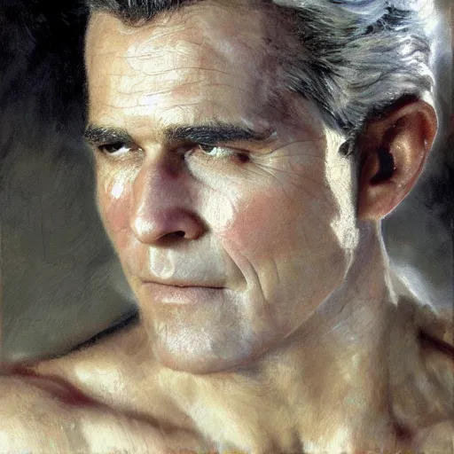 Image similar to detailed realistic cinematic wide shot of beautiful attractive muscular george bush wearing black gold robe slim face symettrical face clean skin black eyes black robe smooth, sharp focus, ultra realistic, spring light, painting by gaston bussiere, craig mullins, j. c. leyendecker