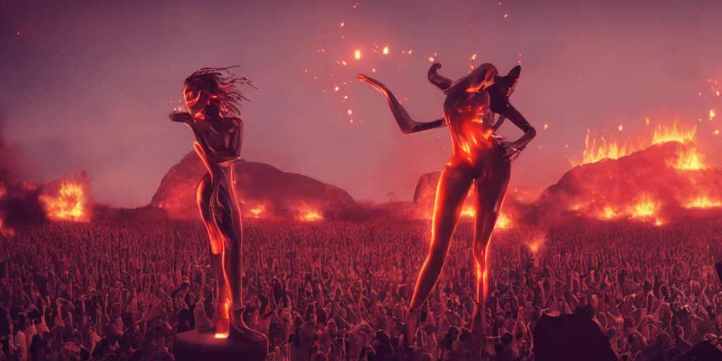 Image similar to realistic cinematic views of a orwellian coachella with fires in the background and dead seagulls falling from the sky in front of the main stage worshipping a large statue of kylie jenner, hyper detailed, terror glows, hyper realistic, digital painting, 8 k, 3 5 mm film grain, octane render