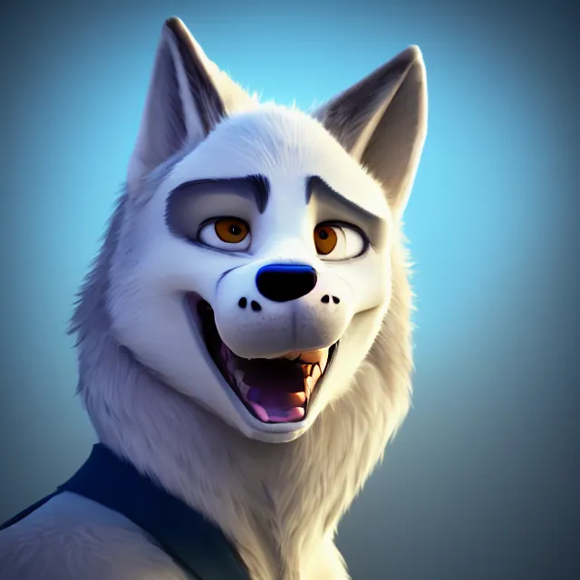 Prompt: portrait headshot of a handsome male white wolf in the style of zootopia, disney, volumetric lighting, subsurface scattering, photorealistic, octane render, random artists