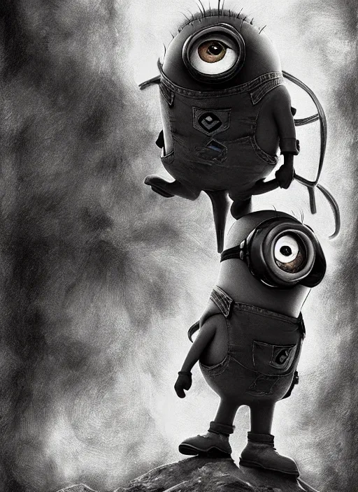 Image similar to a minion from despicable me, dark colors, sinister atmosphere, dramatic lighting, cinematic, establishing shot, extremely high detail, photo realistic, cinematic lighting, pen and ink, intricate line drawings, by Yoshitaka Amano, Ruan Jia, Kentaro Miura, Artgerm, post processed, concept art, artstation, matte painting, style by eddie mendoza, raphael lacoste, alex ross