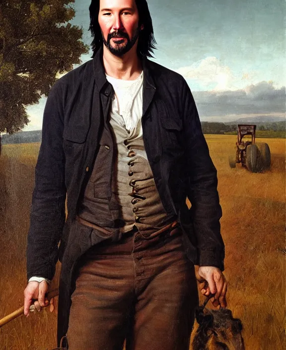 Image similar to portrait of keanu reeves as a kentucky farmhand, art by denys tsiperko and bogdan rezunenko and george caleb bingham, hyperrealism