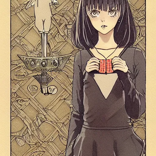 Image similar to precisely drawn illustration of anime wednesday addams, old-fashioned tarot card, victorian playing card, sepia tone, wide angle, sharp, fine details, anime, manga, cyberpunk, realistic shaded lighting by katsuhiro otomo ghost-in-the-shell, magali villeneuve, artgerm, rutkowski Jeremy Lipkin and Giuseppe Dangelico Pino and Michael Garmash and Rob Rey