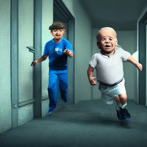 Image similar to joe biden chasing a child in the backrooms, hyper - realistic, 4 k, octane - render, realistic.