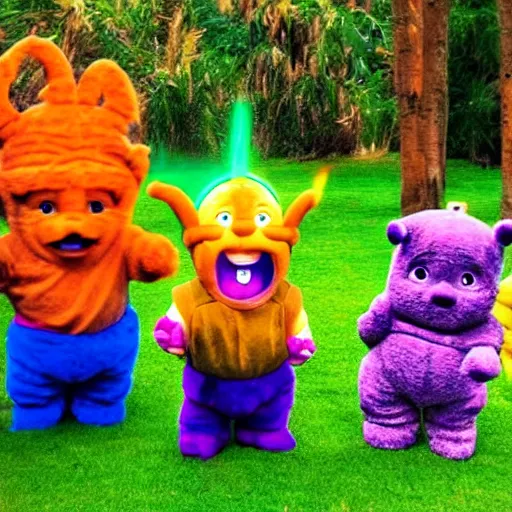 Image similar to goku and dog the bounty hunter playing with the teletubbies