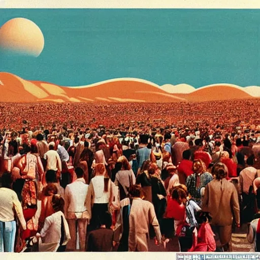 Prompt: A busy, crowded festival on Mars with 2 million people, 80's style retro futuristic art