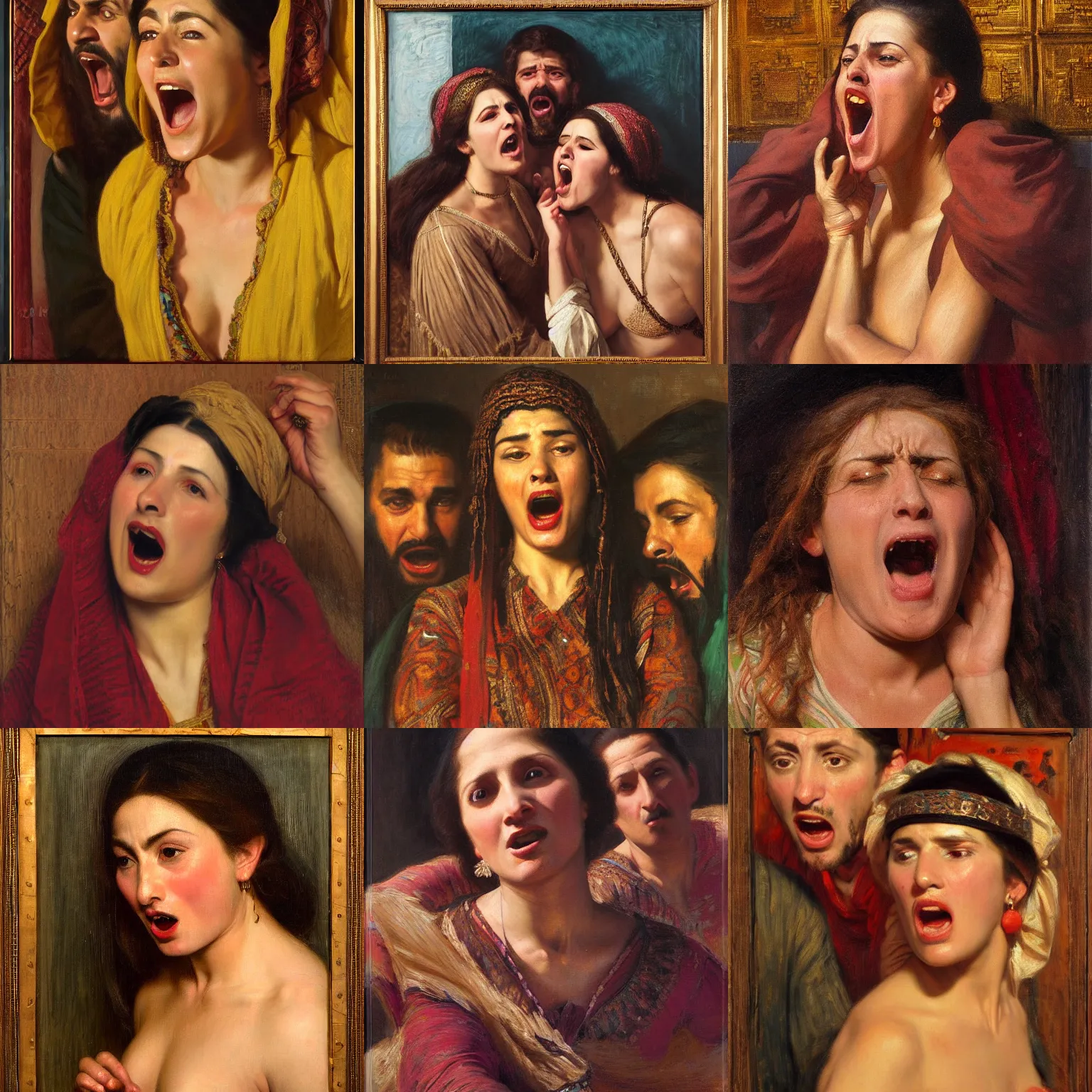 Prompt: orientalism face portrait of a screaming woman Edwin Longsden Long and Theodore Ralli and Nasreddine Dinet and Adam Styka, masterful intricate artwork. Oil on canvas, excellent lighting, high detail 8k
