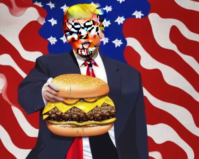 Image similar to !! donald trump!! licking a! cheeseburger! at a rally with american flags, deep focus, fantasy, intricate, highly detailed, digital painting, artstation, concept art, matte, sharp focus, illustration, hearthstone, art by artgerm and greg rutkowski and alphonse mucha,! hamburger!