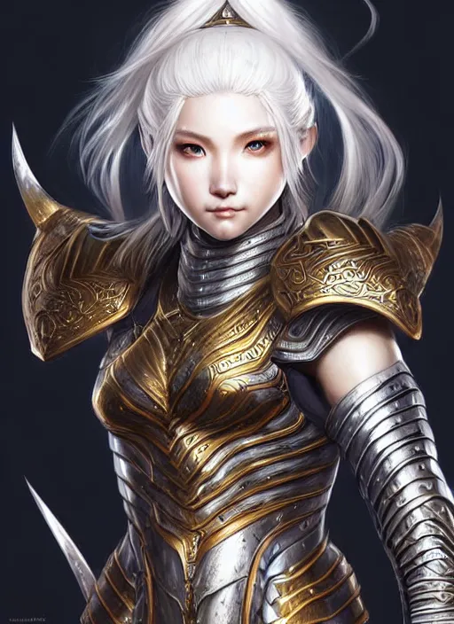 Image similar to warrior, intricate ornate opal heavy armor!!! beautiful and athletic white hair female!! gorgeous face and eyes!! character concept art, sharp focus, octane render! unreal engine 5! highly rendered!! trending on artstation!! detailed linework!! illustration by artgerm, wlop, and chie yoshii