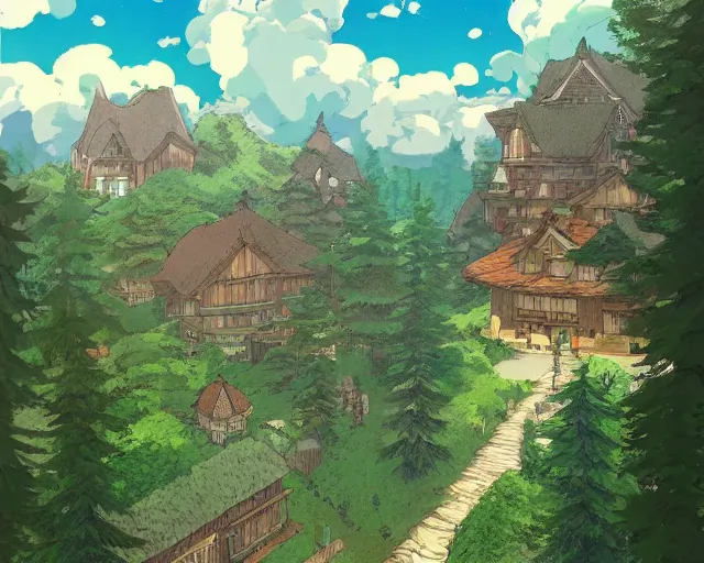 Image similar to mountain overseeing fantasy village next to a forest, studio ghibli style, hayao miyazaki, award winning photograph, highly detailed, artstation