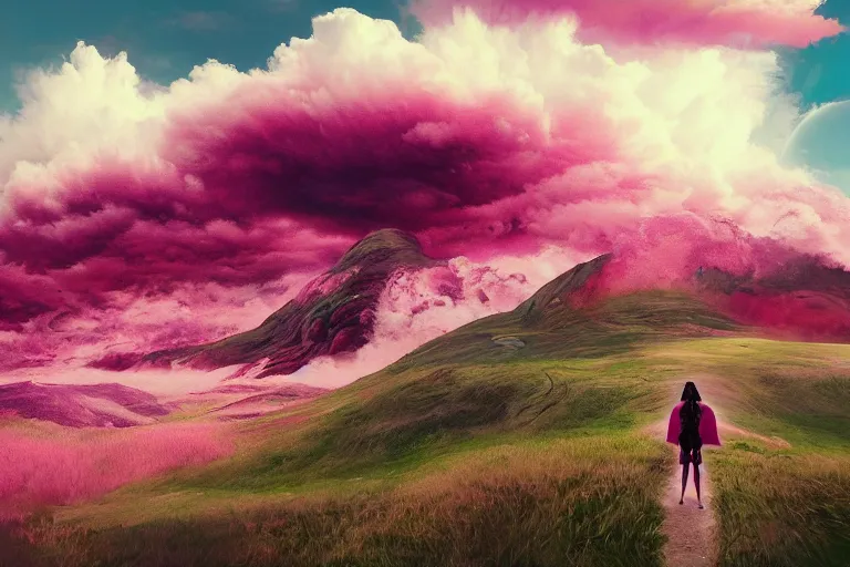 Image similar to giant dahlia flower on face, girl walking on mountain, surreal photography, pink storm clouds, dramatic light, impressionist painting, digital painting, artstation, simon stalenhag