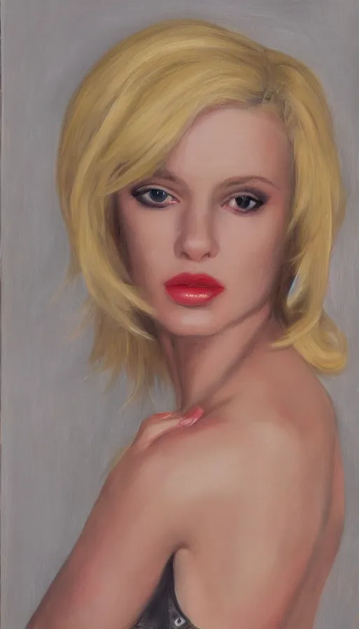 Prompt: portrait of a blonde femme fatale by Glen Orbik, 8K