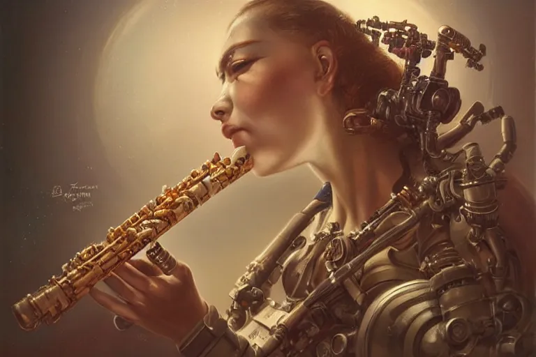 Image similar to a beautiful ultradetailed vintage photo of cyborg playing an oboe, by tom bagshaw and anna dittman, portrait, vignette, 2 4 mm lens, golden ratio composition, detailed face, studio photography, very detailed, cybernetic scifi, artstation, 8 k, highly coherent