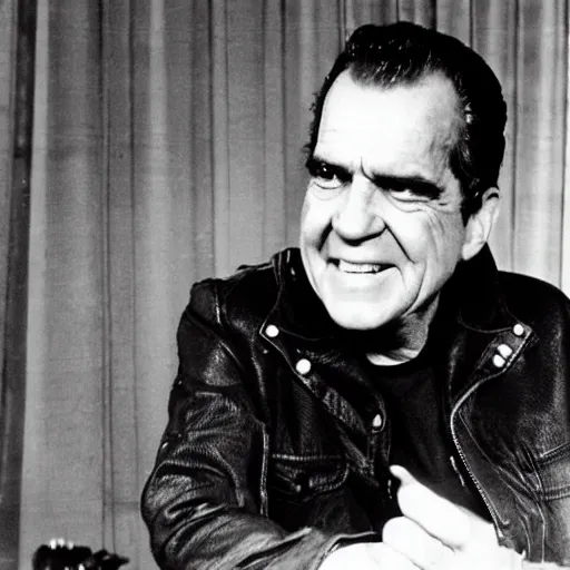 Prompt: photograph of richard nixon as a punk rocker, with a green mohawk and a studded denim jacket